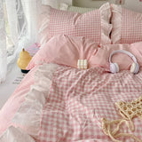 Boxtoday Korean Princess Style Lattice Double Layer Lace Bedding Set Soft Quilt Cover Plaid Style Duvet Covers Set Bed Sheet Pillowcases