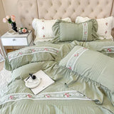 Boxtoday French Embroidered Lace Bubble Gauze Bedding Set Pink Elegant Princess Style Queen Duvet Cover Set Ruffled Comforter Cover Sets