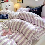 Boxtoday Korean Bedding Set INS Girls Striped  Soft Washed Cotton Bed Sheet Set Queen King Size Comforter Set Pillowcase Bed Linens