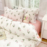 Boxtoday INS Princess Style Bedding Set Pink Tulip Flower Duvet Cover with Ruffle Lace Girls Bedroom Home Textiles Bed Sheet Pillowcases