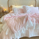 Boxtoday Pink Korean Princess Style Lace Ruffles Wedding Bedding Set Seersucker Washed Cotton Soft Duvet Cover Set Bed Sheet Pillowcases