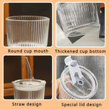 Boxtoday 450ml Transparent Glasses Stripe Glass Cup with Lid and Straw Ice Coffee Mug Tea Cup Drinkware Water Bottles Kitchen Accessories