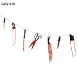 Boxtoday 12pcs/lot Halloween Plastic Blood Knife Tools Sets Horror Spooky Haunted House Hanging Knife Garland Banner