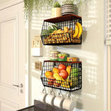 Boxtoday 2pcs Fruit Basket Kitchen Storage Wire Baskets with Wood Lid, Stackable Wall-Mounted Countertop Kitchen Counter Organizer