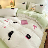 Boxtoday Korean Style Pink Bedding Set Black Cat Embroidery Washed Cotton  Duvet Cover Cute Cardboard  Bed linen Comforter Sets