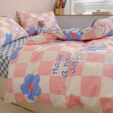 Boxtoday Pink Blue Duvet Cover Set with Flat Sheet Pillowcases No Filler Checkerboard Flower Ins Single Full Queen Size Girls Bedding Kit