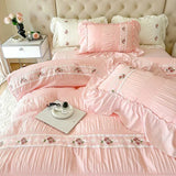 Boxtoday French Embroidered Lace Bubble Gauze Bedding Set Pink Elegant Princess Style Queen Duvet Cover Set Ruffled Comforter Cover Sets