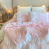 Boxtoday Pink Korean Princess Style Lace Ruffles Wedding Bedding Set Seersucker Washed Cotton Soft Duvet Cover Set Bed Sheet Pillowcases