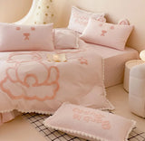 Boxtoday Cute embroidery bear pink khaki bedding set kid,full queen king lovely cotton home textile bed sheet pillow case duvet cover