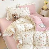 Boxtoday Korean Princess Style Bedding Set Cute Pink Bear Quilt Cover Lace Ruffles Duvet Covers Pillowcases Sheet Girls Floral Bedclothes