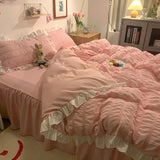 Boxtoday Pink Ruffled Seersucker Duvet Cover Set 3/4pcs Soft Lightweight Down Alternative Grey Bedding Set with Bed Skirt and Pillowcases