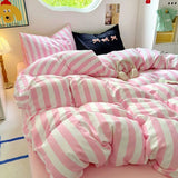 Boxtoday Korean Bedding Set INS Girls Striped  Soft Washed Cotton Bed Sheet Set Queen King Size Comforter Set Pillowcase Bed Linens