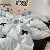 Boxtoday Bedding Set 2024 New Ins Style  Minimalist Blue Washing Cotton black bow towel Embroidered Four PIECE Set, 1.5 Bed Sheets