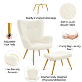 Boxtoday Accent Chair and Ottoman Set with Golden Metal Legs and High Back, Footstool, Sherpa Armchair