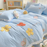 Boxtoday Ins Korean Style Bedding Set with Ruffles Princess Duvet Cover No Filling Flat Sheet Pillowcases Kit Girls Blue Pink Solid Color