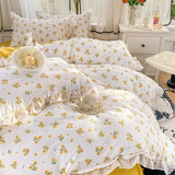 Boxtoday French Golden Sunflower Floral Lace Seersucker Bedding Set Washed Cotton Four-piece Set Student Bed Sheet Three-piece Set