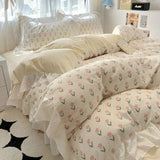 Boxtoday Korean INS Tulip Princess Floral Bedding Set Pastoral Flowers Lace Ruffles Duvet Cover and Skin Friendly Flat Sheet Pillowcase