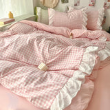 Boxtoday Korean Princess Style Lattice Double Layer Lace Bedding Set Soft Quilt Cover Plaid Style Duvet Covers Set Bed Sheet Pillowcases