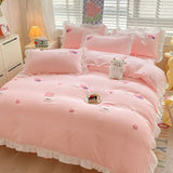 Boxtoday Kawaii Princess Bedding Set with White Ruffles Korean Style Girls Single Full Duvet Cover No Filling Flat Sheet Pillowcases Kit