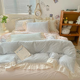 Boxtoday Korean Princess Style Bedding Set Soft Skin-friendly Lattice Lace Ruffles Quilt Cover Plaid Style Duvet Covers Set Pillowcases