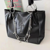 Boxtoday Gift   -  Large Capacity Women's Gothic Black Tote Bag Y2k Hot Girls Chain Shoulder Bags Fashion Pu Leather Female Travel Handbags Purse