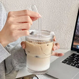 Boxtoday 450ml Transparent Glasses Stripe Glass Cup with Lid and Straw Ice Coffee Mug Tea Cup Drinkware Water Bottles Kitchen Accessories