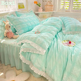 Boxtoday Cute Princess Style Seersucker Bedding Set For Women Cotton Solid Color Ruffle Bed Skirt Sheet Sets King Queen Comforter Cover