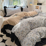 Boxtoday Korean INS Tulip Princess Floral Bedding Set Pastoral Flowers Lace Ruffles Duvet Cover and Skin Friendly Flat Sheet Pillowcase