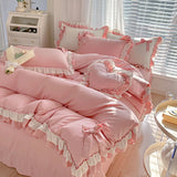 Boxtoday Korean Princess Style Bedding Set Girl Heart Solid Color Double Bed Sheets Washed Cotton Ruffled Bed Cover Skirt Sheet Quilt Set