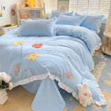 Boxtoday Ins Korean Style Bedding Set with Ruffles Princess Duvet Cover No Filling Flat Sheet Pillowcases Kit Girls Blue Pink Solid Color