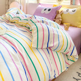 Boxtoday 4pcs Simple Color Stripes Duvet Cover Set Cute Green Pink Bedding Big Eye Pattern Pillowcases Comforter Cover with 1 Bed Sheet