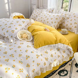 Boxtoday French Golden Sunflower Floral Lace Seersucker Bedding Set Washed Cotton Four-piece Set Student Bed Sheet Three-piece Set