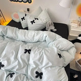 Boxtoday Bedding Set 2024 New Ins Style  Minimalist Blue Washing Cotton black bow towel Embroidered Four PIECE Set, 1.5 Bed Sheets