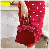 Boxtoday Gift Retro Red Velvet Handbag Temperament Rose Flower Design Chain Crossbody Bag Bridal Wedding Bag Light Luxury High-end Commute Bag