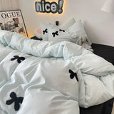 Boxtoday Bedding Set 2024 New Ins Style  Minimalist Blue Washing Cotton black bow towel Embroidered Four PIECE Set, 1.5 Bed Sheets