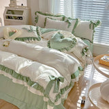 Boxtoday Spring Green Princess Bedding Set Double Layer Lace Bow Quilt Cover Sheet And Pillowcase Simple Pastoral Girl Home Textiles