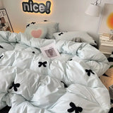 Boxtoday Bedding Set 2024 New Ins Style  Minimalist Blue Washing Cotton black bow towel Embroidered Four PIECE Set, 1.5 Bed Sheets