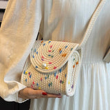 Boxtoday Gift Summer New Straw Small Square Bag Fashion Pearl All-match Colorful Dot Crossbody Bag Women's Popular Braided Handmade Beach Bag