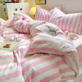 Boxtoday Korean Bedding Set INS Girls Striped  Soft Washed Cotton Bed Sheet Set Queen King Size Comforter Set Pillowcase Bed Linens