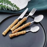 Boxtoday 16/24/32Pcs Dinnerware Sets Original Nature Bamboo Handle Stainless Steel Cutlery Fork Spoon Home Kitchen Tableware Cutleri