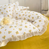 Boxtoday French Golden Sunflower Floral Lace Seersucker Bedding Set Washed Cotton Four-piece Set Student Bed Sheet Three-piece Set