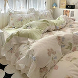 Boxtoday Korean INS Tulip Princess Floral Bedding Set Pastoral Flowers Lace Ruffles Duvet Cover and Skin Friendly Flat Sheet Pillowcase