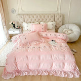 Boxtoday French Embroidered Lace Bubble Gauze Bedding Set Pink Elegant Princess Style Queen Duvet Cover Set Ruffled Comforter Cover Sets