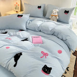 Boxtoday Korean Style Pink Bedding Set Black Cat Embroidery Washed Cotton  Duvet Cover Cute Cardboard  Bed linen Comforter Sets