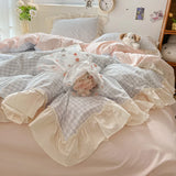 Boxtoday Korean Princess Style Bedding Set Soft Skin-friendly Lattice Lace Ruffles Quilt Cover Plaid Style Duvet Covers Set Pillowcases