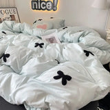 Boxtoday Bedding Set 2024 New Ins Style  Minimalist Blue Washing Cotton black bow towel Embroidered Four PIECE Set, 1.5 Bed Sheets