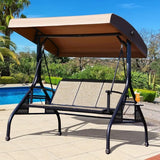 Boxtoday Outdoor Patio Swing with Adjustable Canopy, 3 Seat Outdoor Porch Swing with Cup Holders, Waterproof Textilene Swing Chair