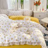 Boxtoday French Golden Sunflower Floral Lace Seersucker Bedding Set Washed Cotton Four-piece Set Student Bed Sheet Three-piece Set