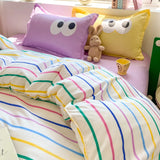 Boxtoday 4pcs Simple Color Stripes Duvet Cover Set Cute Green Pink Bedding Big Eye Pattern Pillowcases Comforter Cover with 1 Bed Sheet