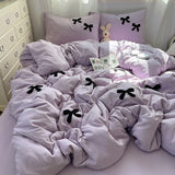 Boxtoday 2024 New Ins Style Purple Bedding Set Washed Cotton Black Bow Towel Embroidered Duvet Cover Girls Gift Bedclothes for 2.0m Bed